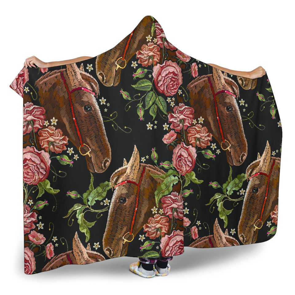 Horse Head Wild Roses Pattern Hooded Blanket
