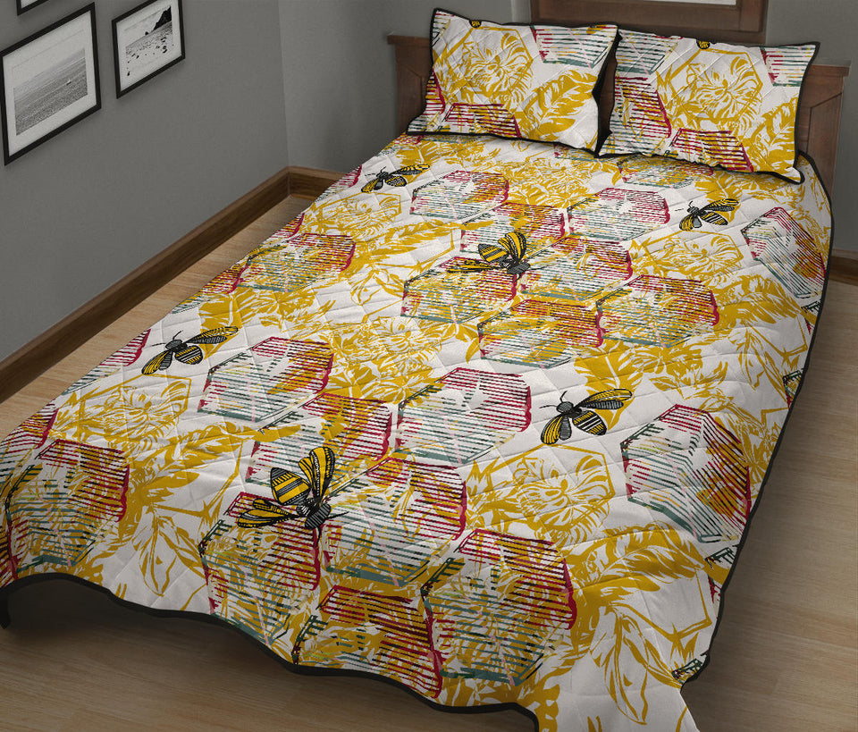 Cool Bee honeycomb leaves pattern Quilt Bed Set