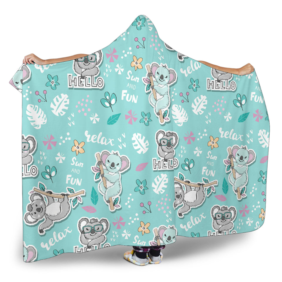 Cute Koalas Blue Background Pattern Hooded Blanket