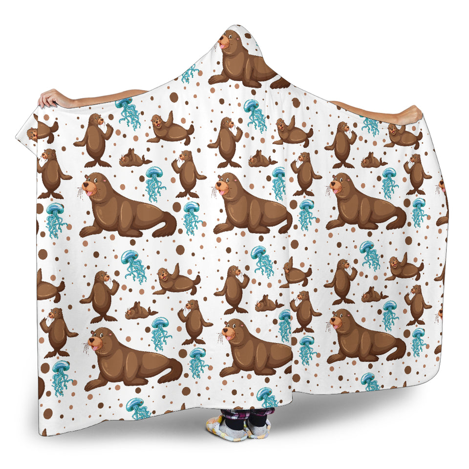 Sea Lion Seals Jellyfish Pattern Hooded Blanket