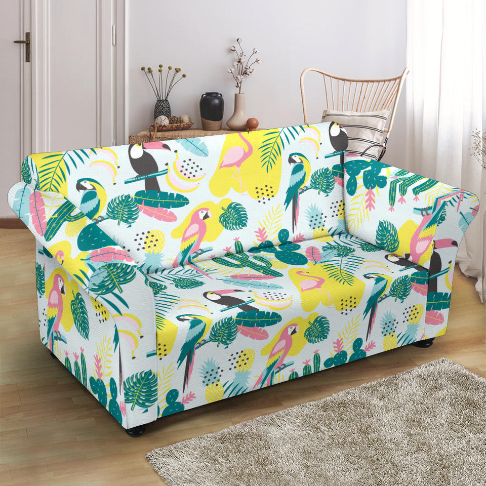 Cute Parrot Toucan Flamingo Cactus Exotic Leaves Pattern Loveseat Couch Slipcover