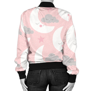 Cute Moon Cloud Star Pattern Pink Dot Background Women'S Bomber Jacket