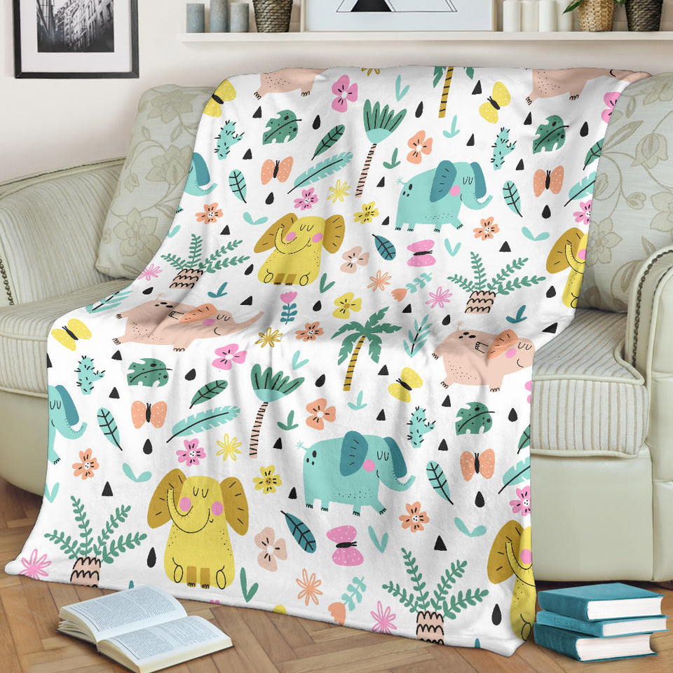 Cute Elephants Palm Tree Flower Butterfly Pattern Premium Blanket