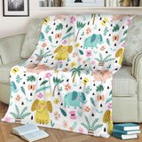 Cute Elephants Palm Tree Flower Butterfly Pattern Premium Blanket