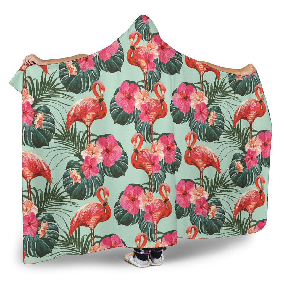 Beautiful Flamingo Tropical Palm Leaves Hibiscus Pateern Background Hooded Blanket