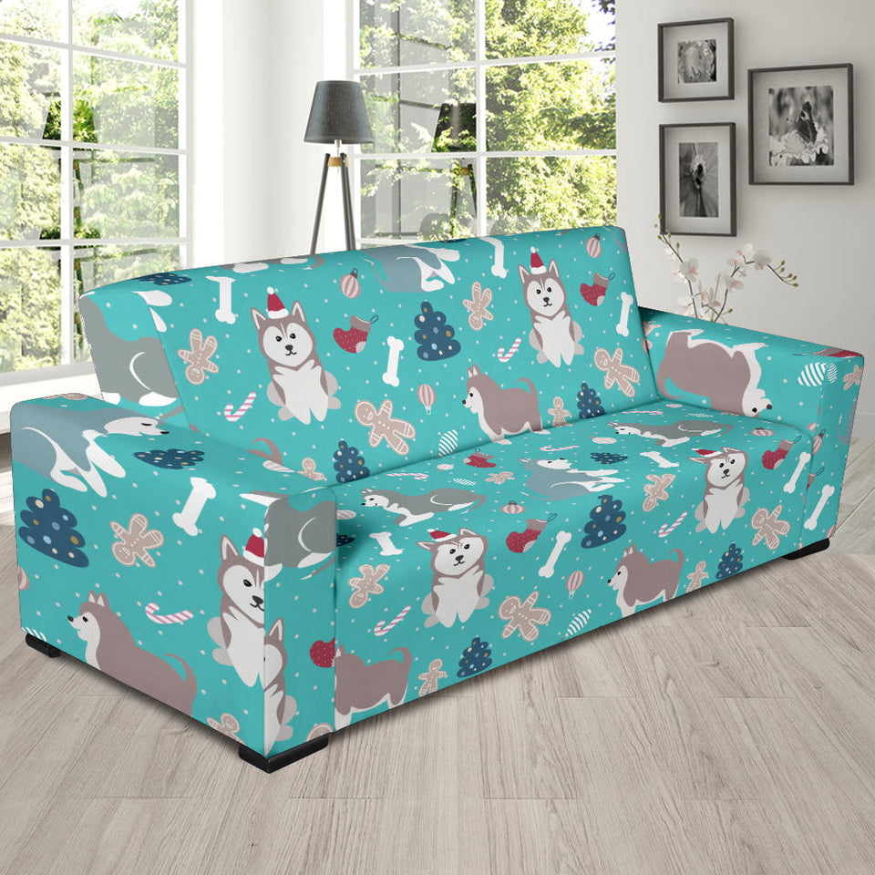 Christmas Cute Siberian Husky Puppie Pattern Sofa Slipcover