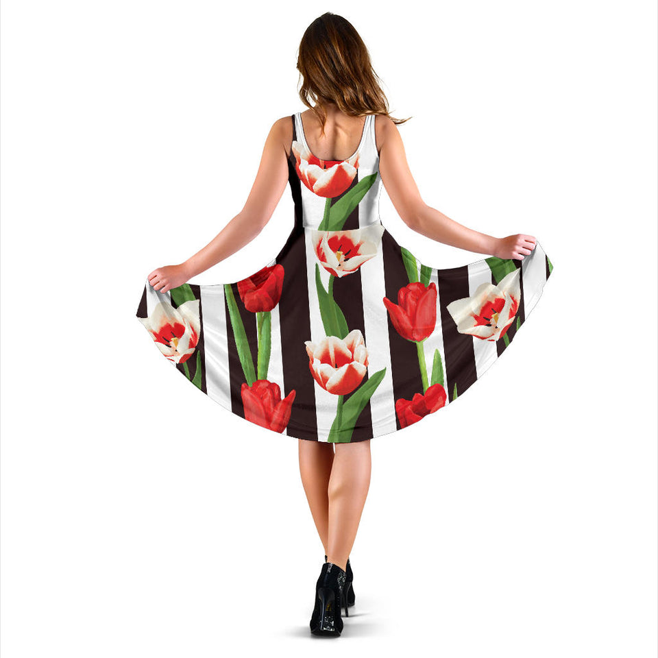 Red And White Tulips Pattern Sleeveless Midi Dress