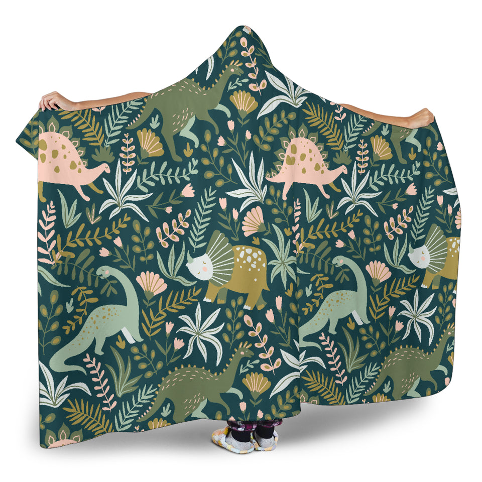 Dinosaurs Tropical Leaves Flower Pattern Hooded Blanket