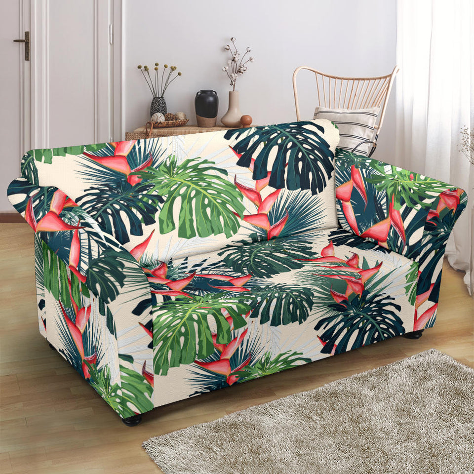Heliconia Flowers, Palm And Monstera Leaves Loveseat Couch Slipcover