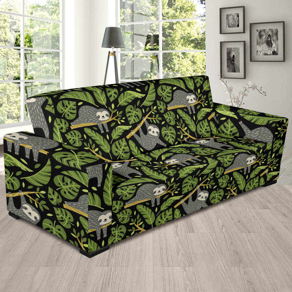 Cute Sloths Tropical Palm Leaves Black Background Sofa Slipcover