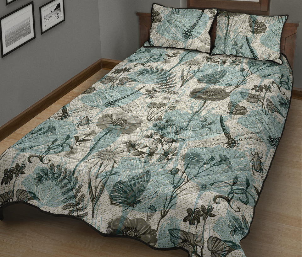 Dragonfly Butterfly Plants insect flower vintage style pattern Quilt Bed Set