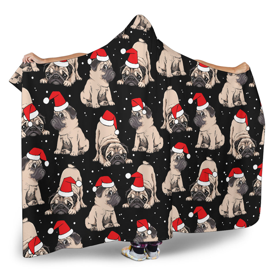 Christmas Pugs Santa_S Red Cap Pattern Hooded Blanket