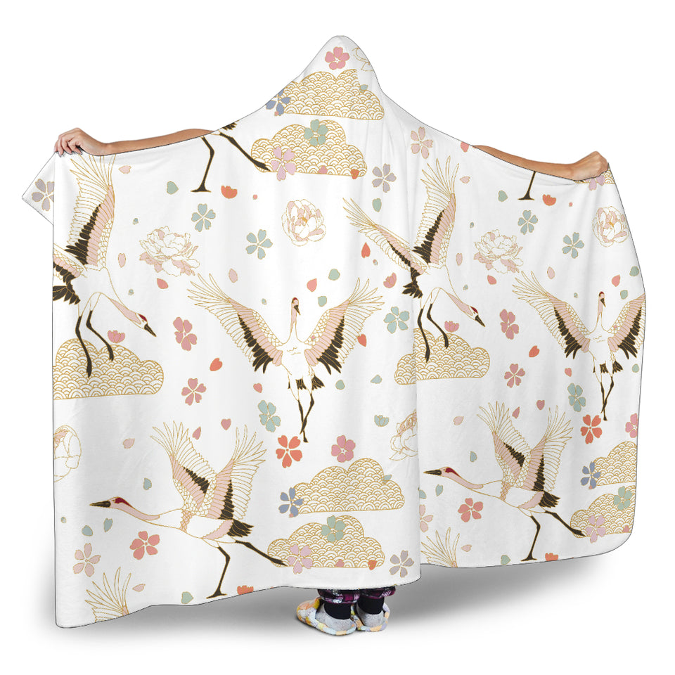 Beautiful Japanese Cranes Pattern Hooded Blanket