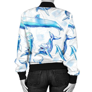 Watercolor Dolphin Pattern Women'S Bomber Jacket