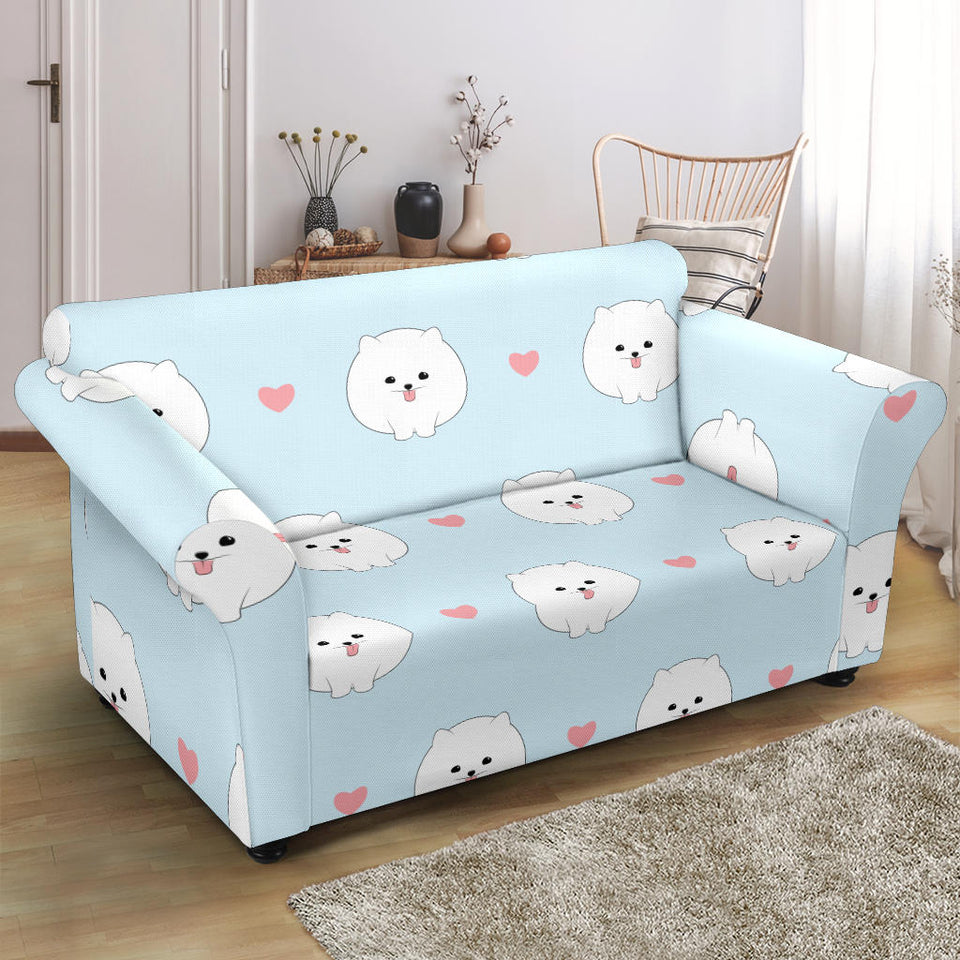 White Cute Pomeranian Pattern Loveseat Couch Slipcover