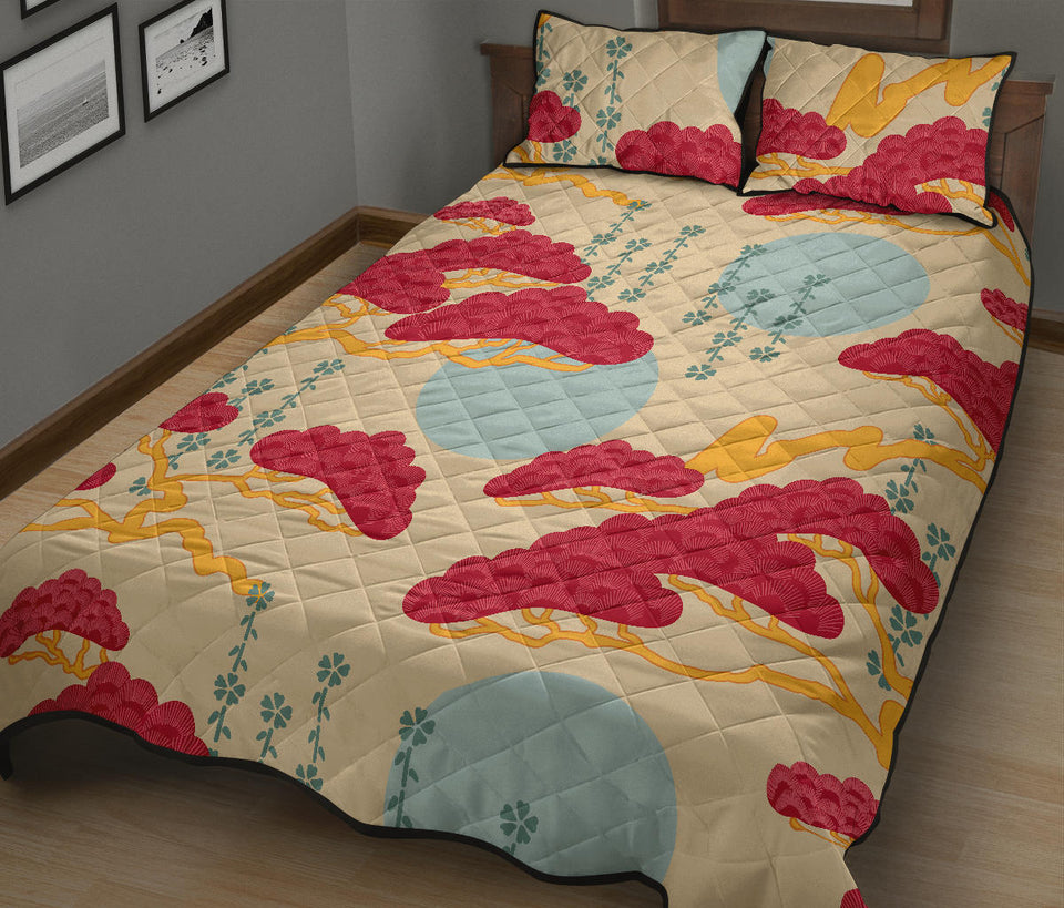 Red Bonsai gray sun japanese pattern Quilt Bed Set