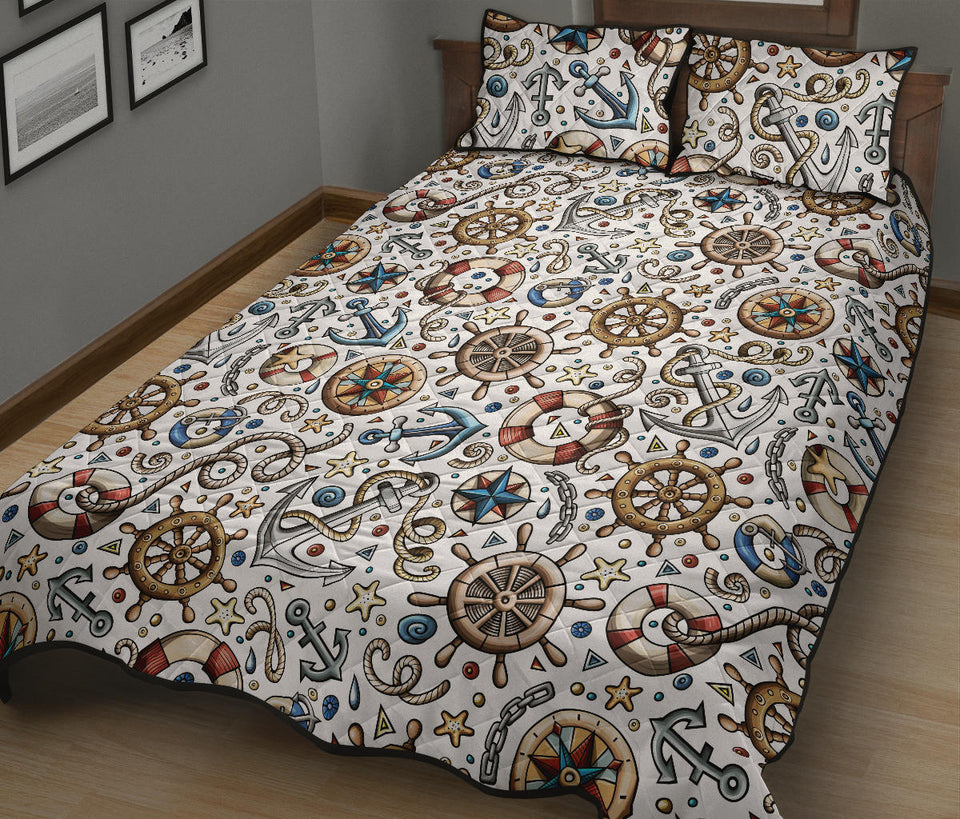 Cute nautical steering wheel anchor pattern Quilt Bed Set