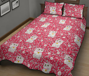 Maneki Neko Lucky Cat sakura pink background Quilt Bed Set
