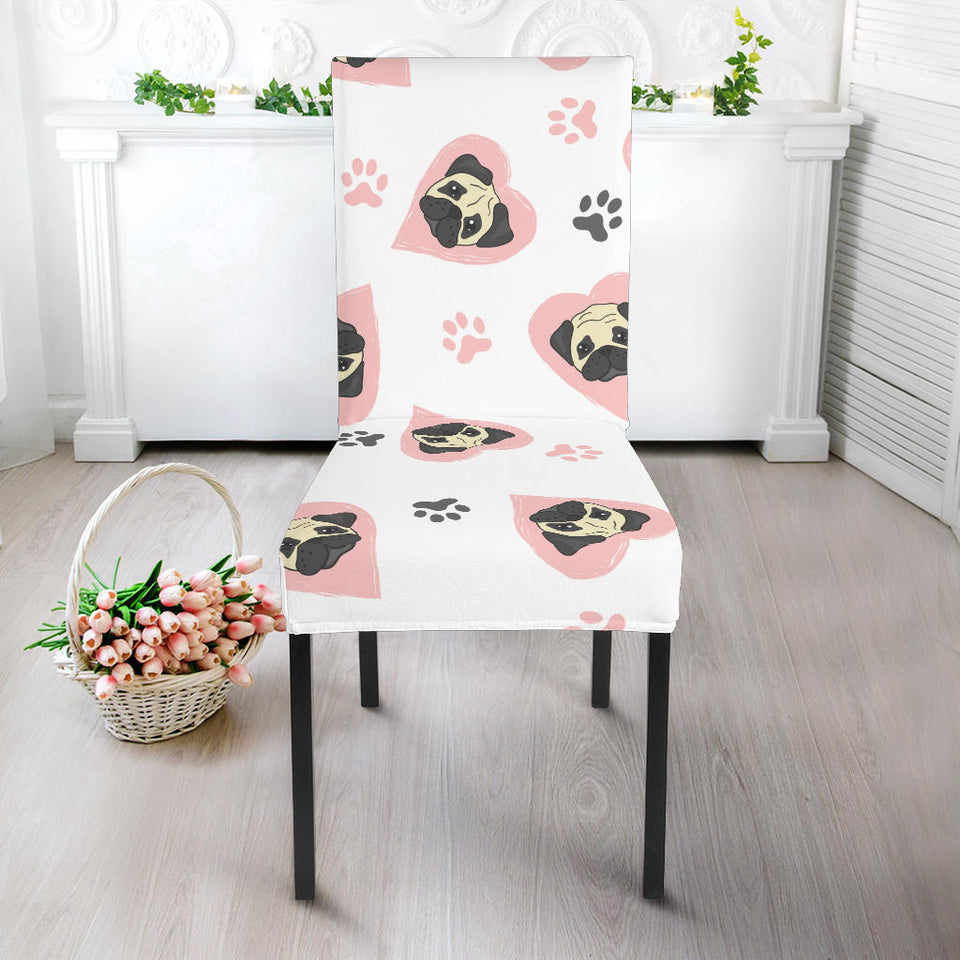 Cute Pugs Pink Heart Paw Pattern Dining Chair Slipcover