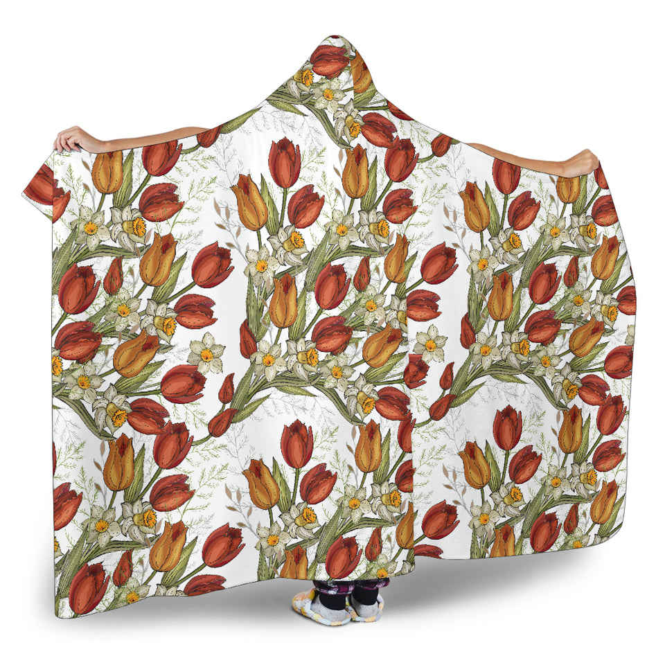 Red Tulips And Daffodils Pattern Hooded Blanket