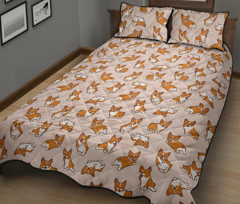 Cute Corgis Pattern pink background Quilt Bed Set