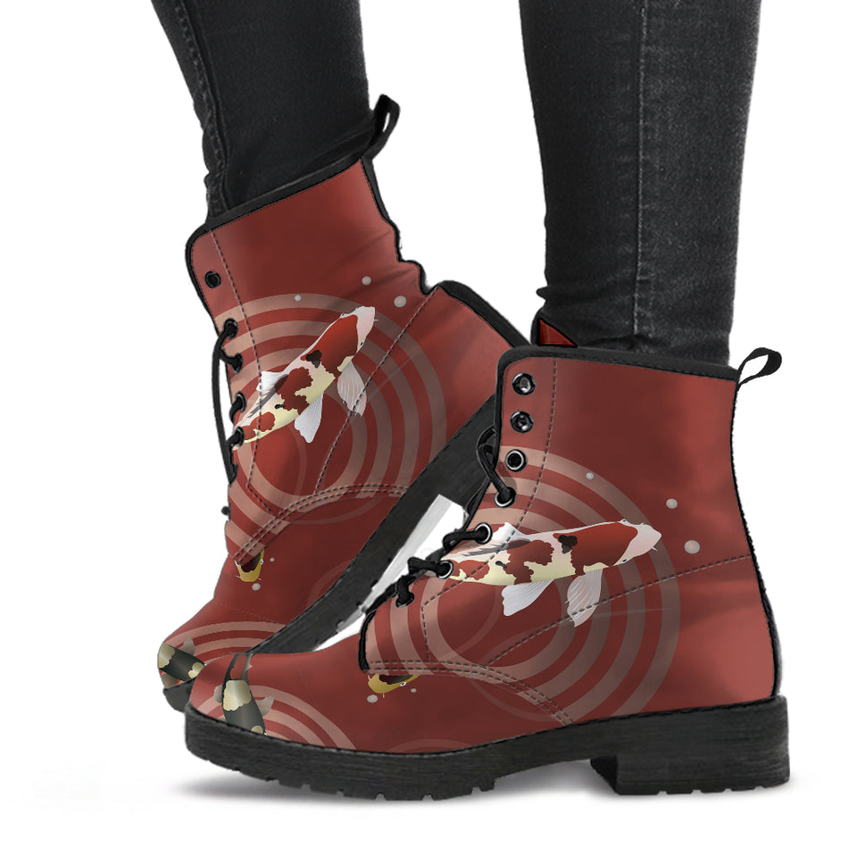 Koi Fish Carp Fish Red Background Leather Boots
