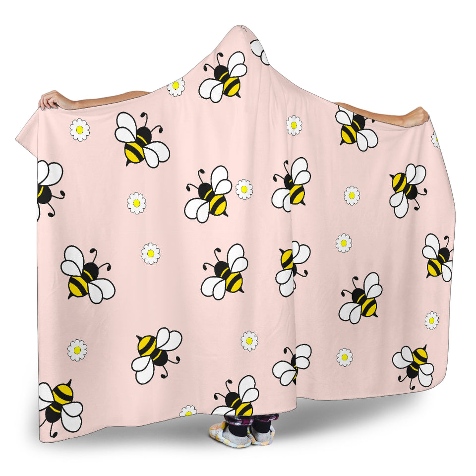 Cute Bee Flower Pattern Pink Background Hooded Blanket