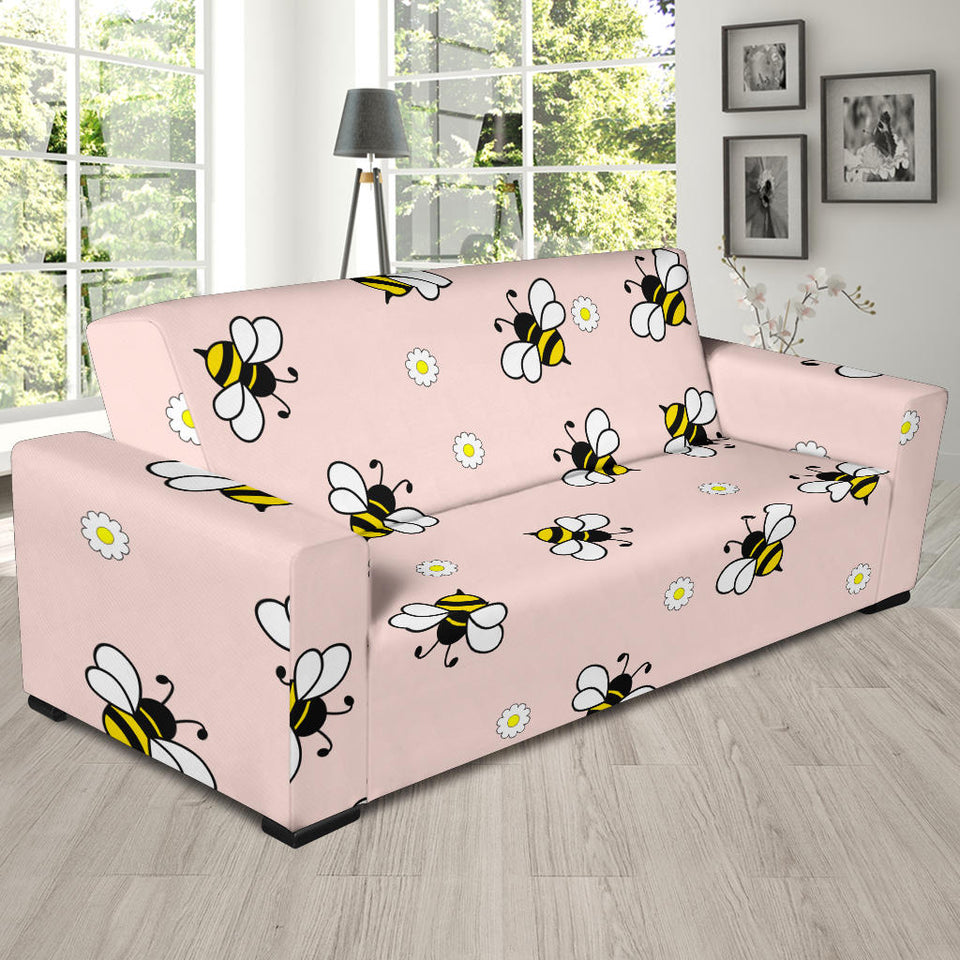 Cute Bee Flower Pattern Pink Background Sofa Slipcover