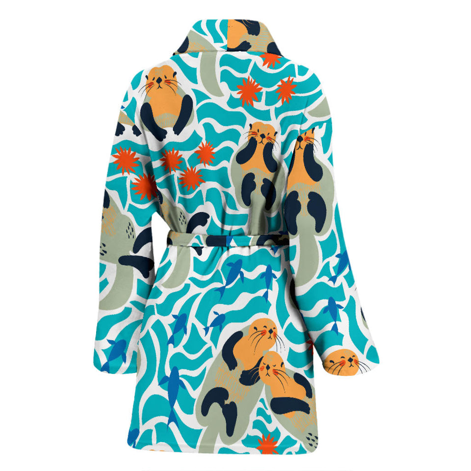 Cute Sea Otters Fishe Sea Urchin Pattern Women'S Bathrobe