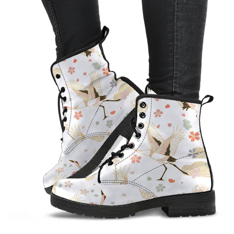 Beautiful Japanese Cranes Pattern Leather Boots