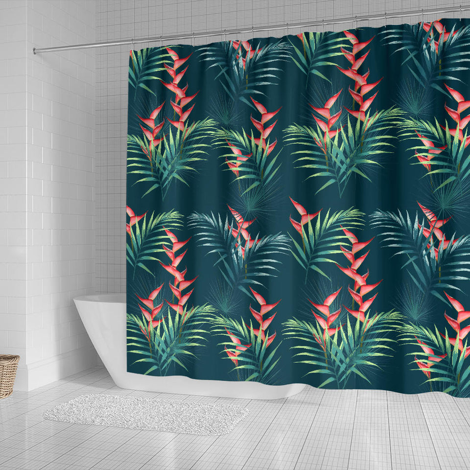Heliconia Flowers, Palm And Monstera Leaves On Black Background Pattern Shower Curtain Fulfilled In US