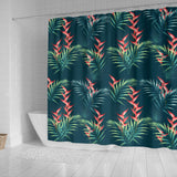 Heliconia Flowers, Palm And Monstera Leaves On Black Background Pattern Shower Curtain Fulfilled In US