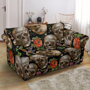 Skull Rose Humming Bird Flower Pattern Loveseat Couch Slipcover