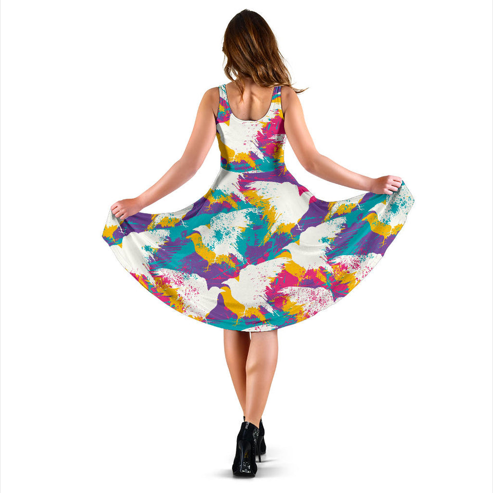 Colorful Crow Illustration Pattern Sleeveless Midi Dress
