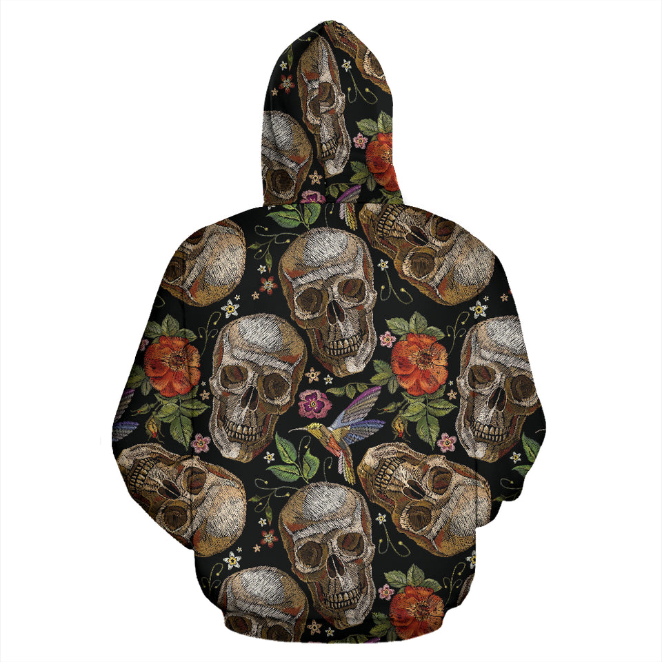 Skull Rose Humming Bird Flower Pattern Zip Up Hoodie