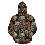 Skull Rose Humming Bird Flower Pattern Zip Up Hoodie