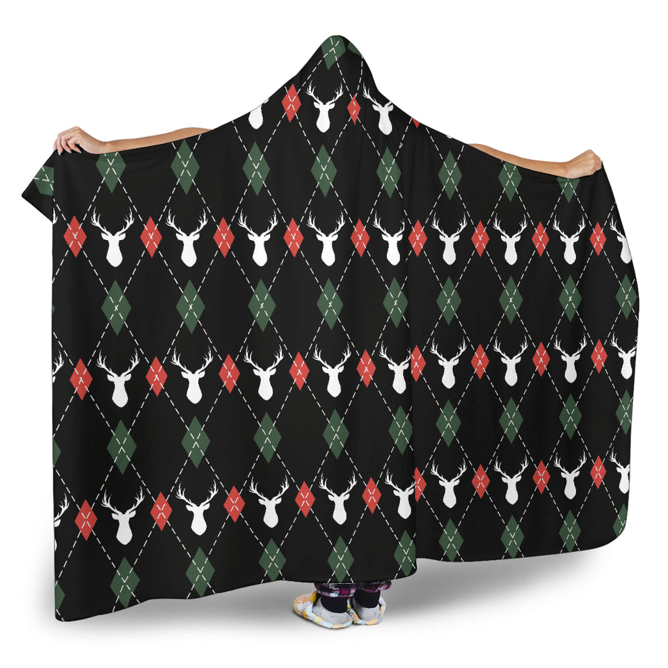 Deer Christmas New Year Pattern Argyle Hooded Blanket