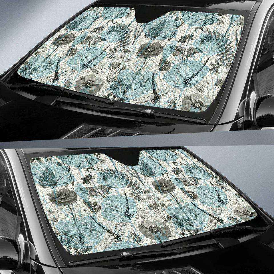 Dragonfly Butterfly Plants Insect Flower Vintage Style Pattern Car Sun Shade