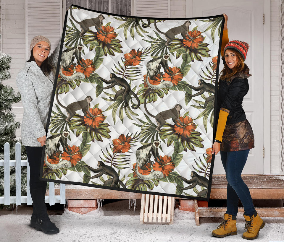 Monkey Red Hibiscus Flower Palm Leaves Floral Pattern Premium Quilt