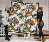 Monkey Red Hibiscus Flower Palm Leaves Floral Pattern Premium Quilt