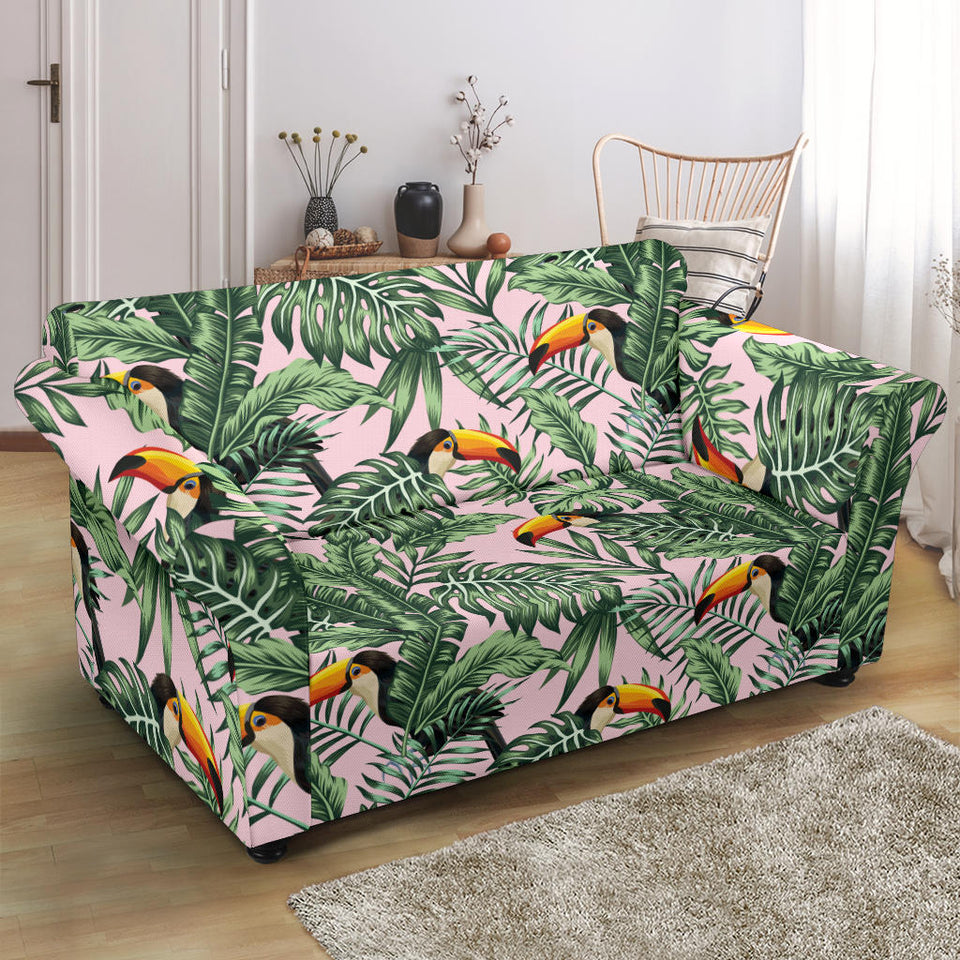 Toucan Tropical Green Jungle Palm Pattern Loveseat Couch Slipcover