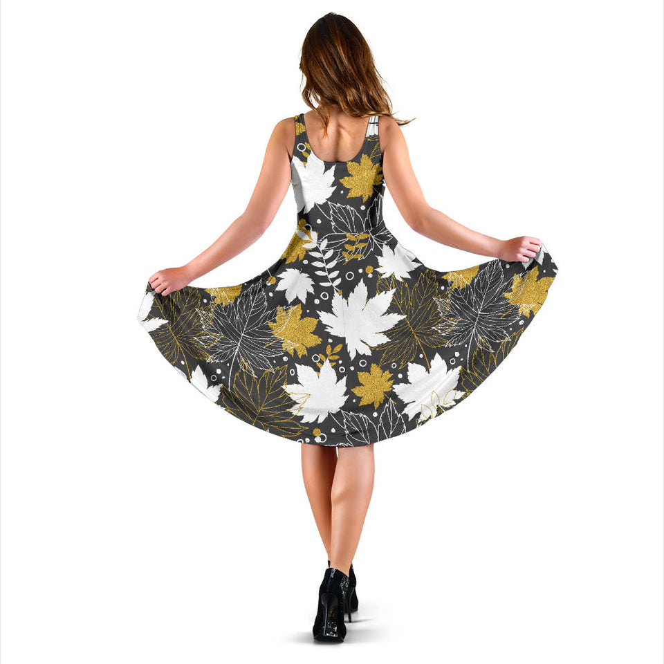 Beautiful Gold Autumn Maple Leaf Pattern Sleeveless Midi Dress
