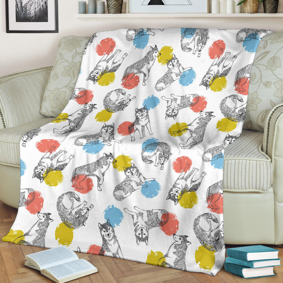 Siberian Husky And Colorful Circle Pattern Premium Blanket