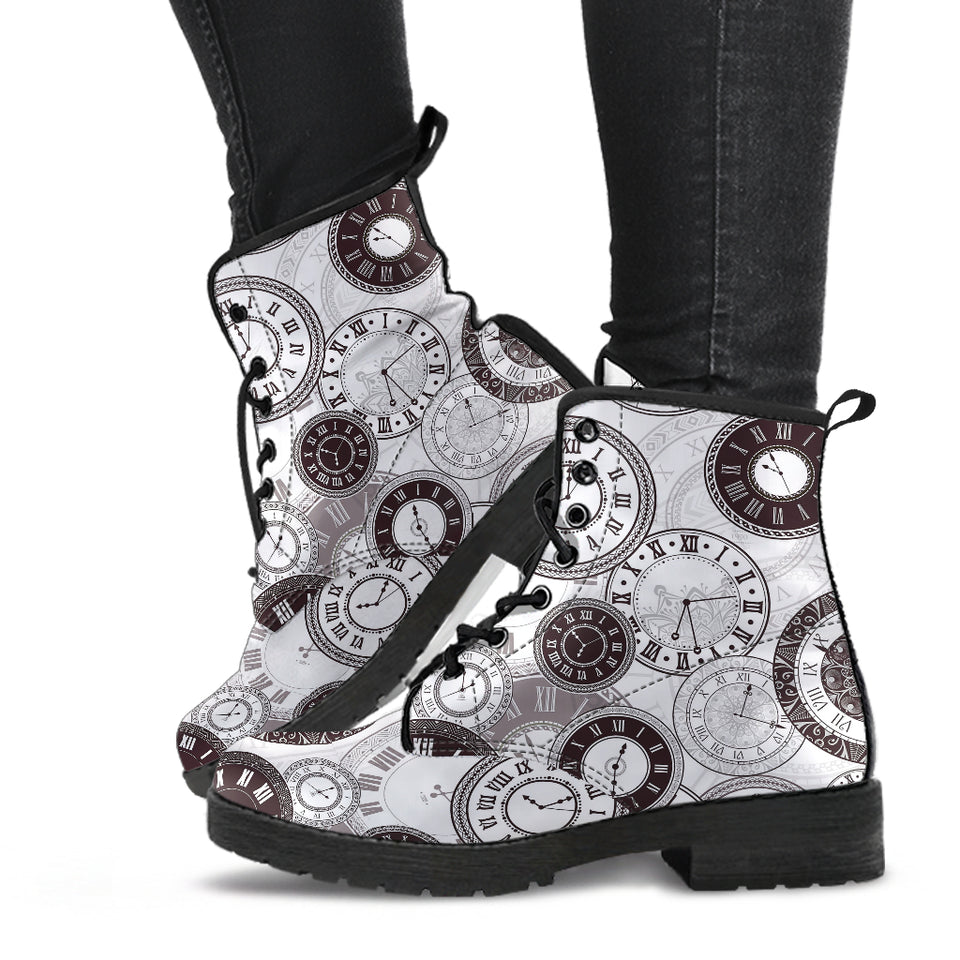 Classic Vintage Clock Pattern Leather Boots