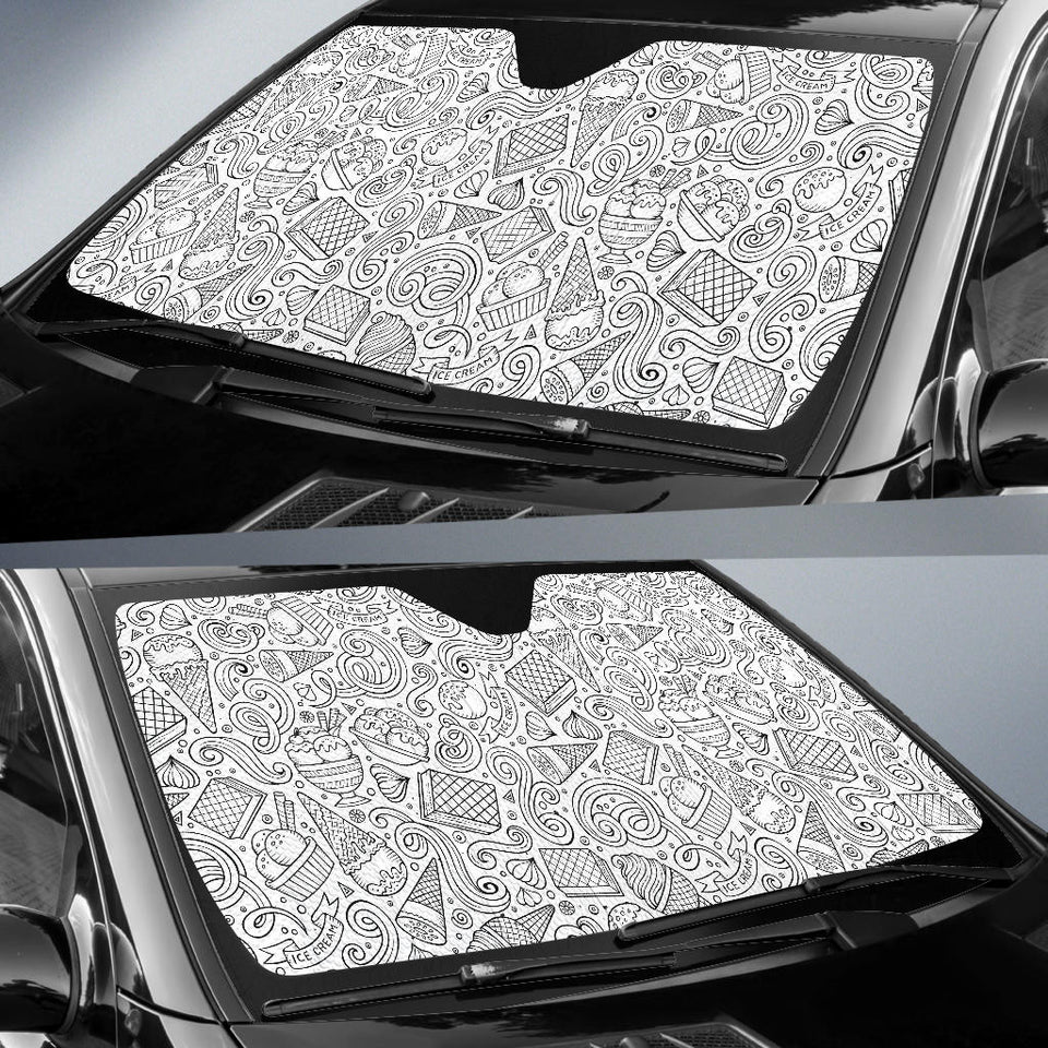Cartoon Hand Drawn Ice Cream Black White Car Sun Shade