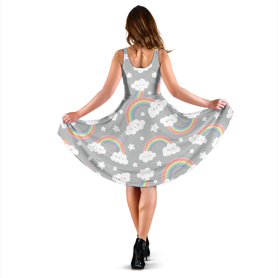 Cute Rainbow Clound Star Pattern Sleeveless Midi Dress