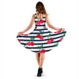 Hand Drawn Cherry Pattern Striped Background Sleeveless Midi Dress