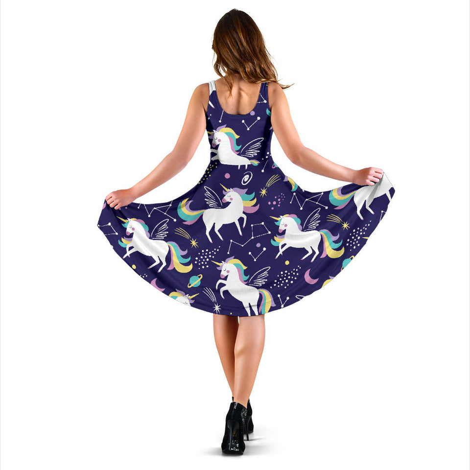 Hand Drawn Cute Unicorn Star Planet Sleeveless Midi Dress