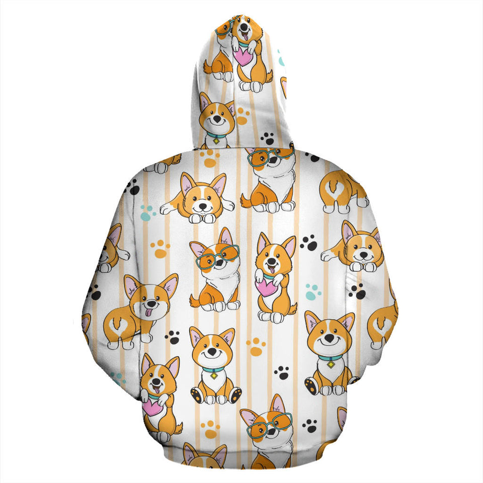 Cute Dog Corgi Striped Background Pattern Men Women Pullover Hoodie