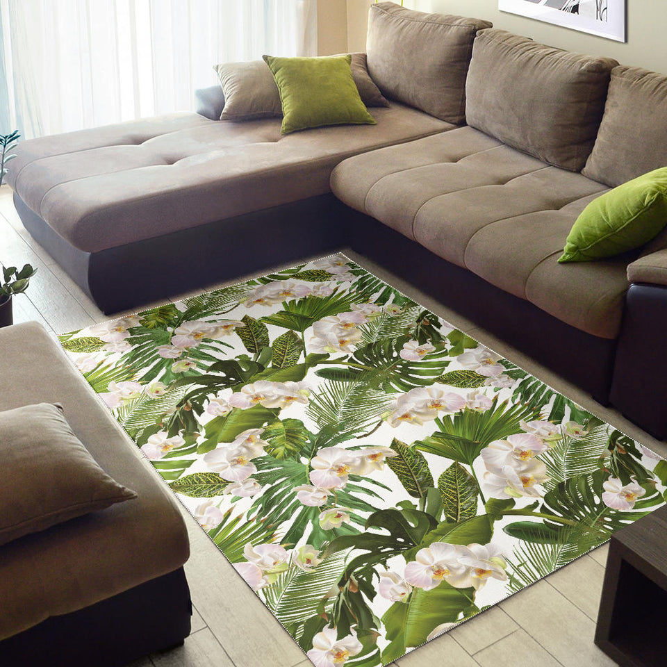 White Orchid Flower Tropical Leaves Pattern Area Rug
